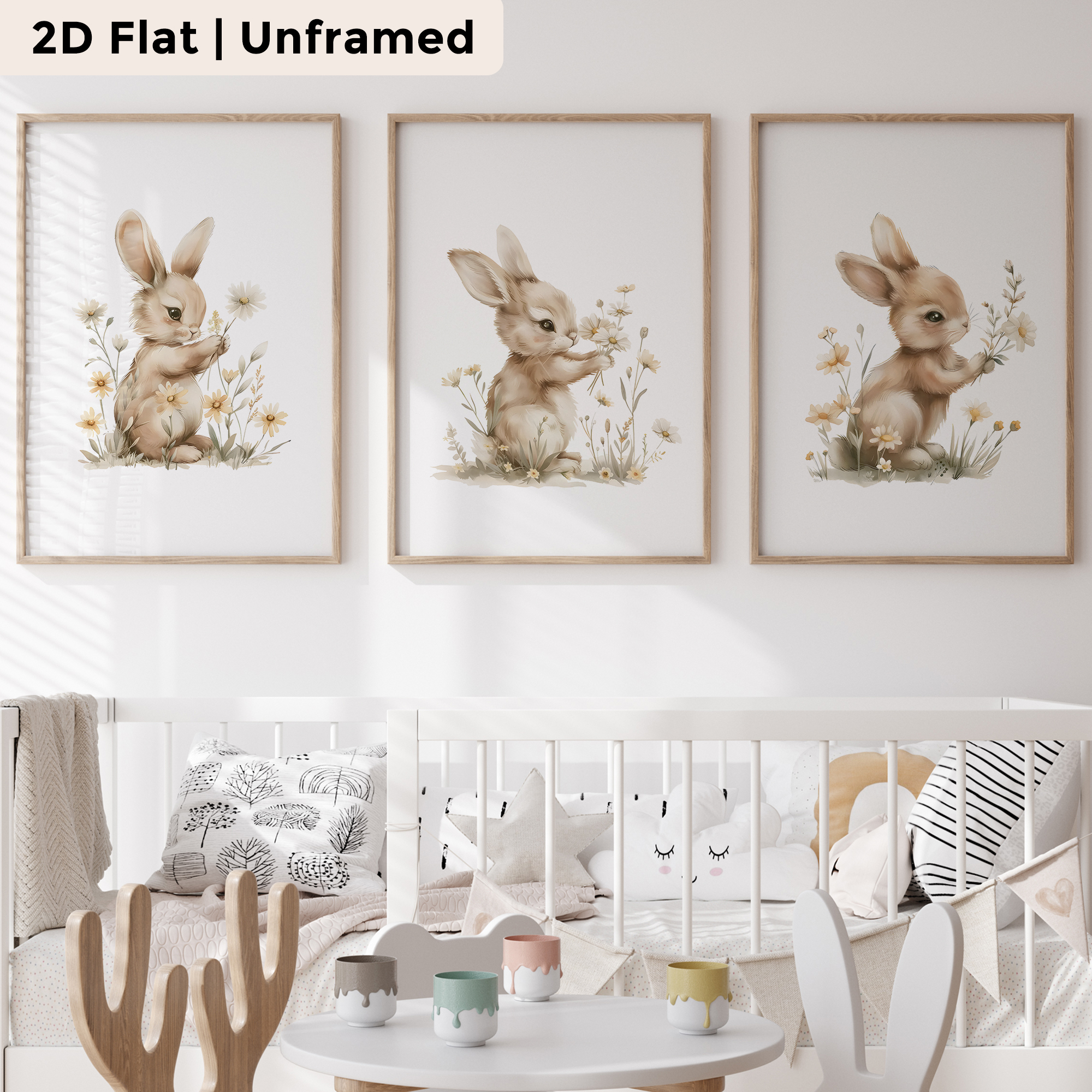 Home Decor Flowers - 3pcs Modern,Cartoon Flower Rabbit Wall Art