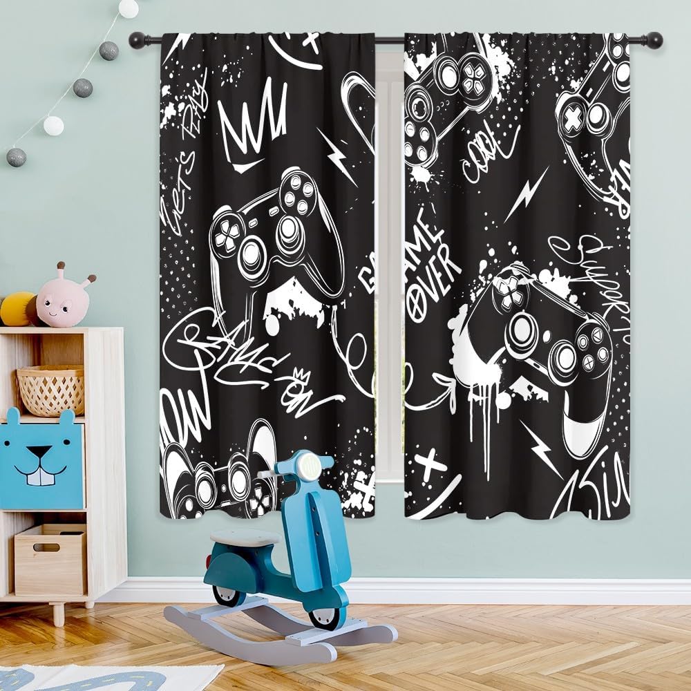 Home Decor Youtube Videos - Gaming Controller Graffiti Curtains Black White